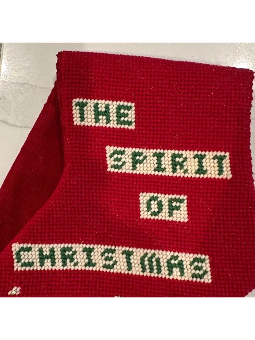 The Spirit of Christmas Red Joy Stocking for Kathy.  Cross Stitched Design Vtg